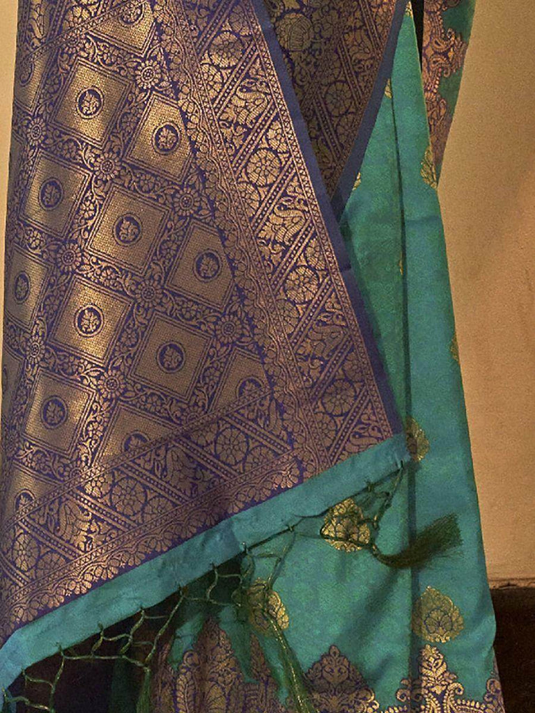 Irresistible Teal Green Heavy Weaving Silk Wedding Wear Saree