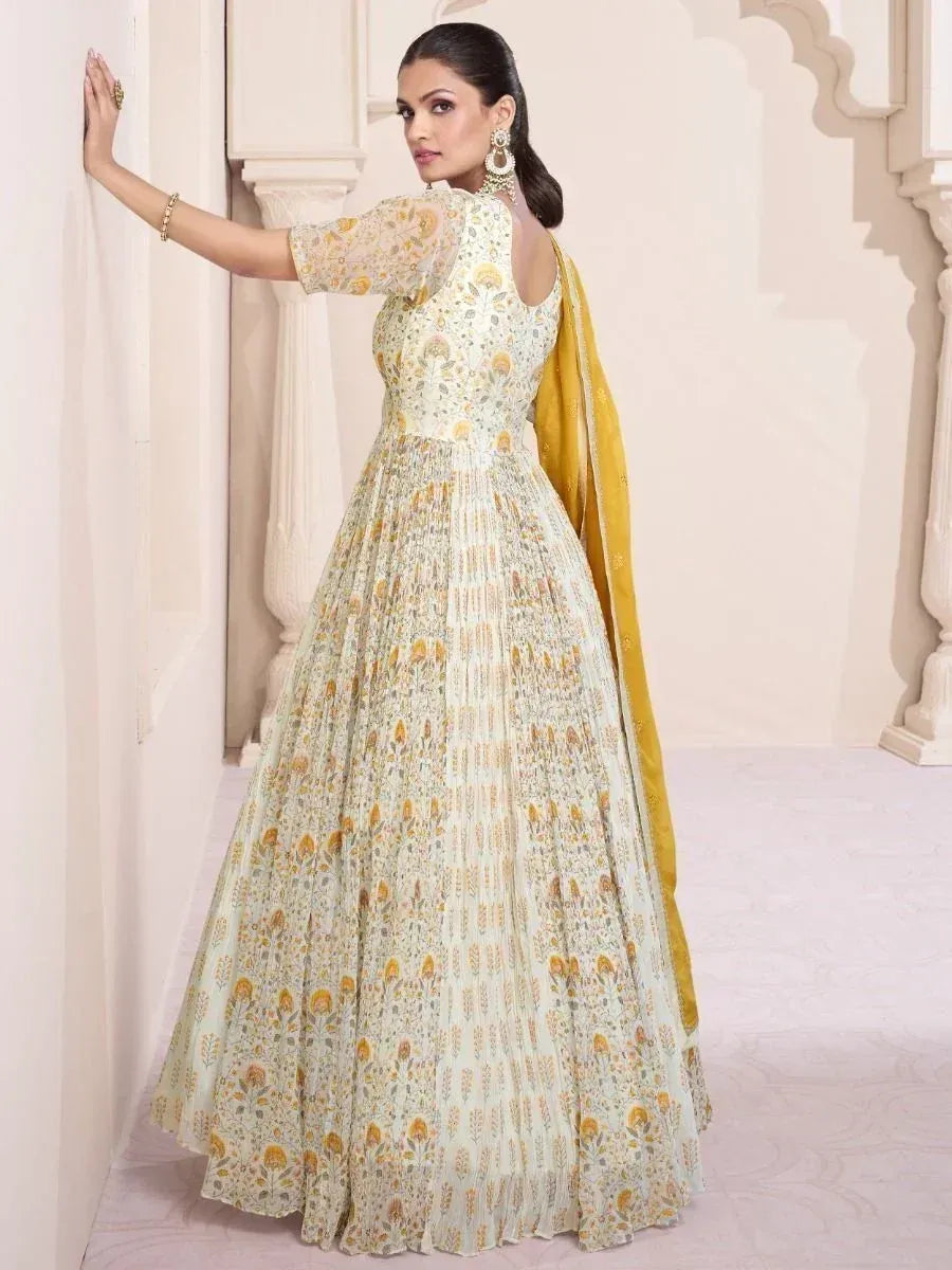 Elegant floral print anarkali gown with yellow dupatta, perfect for Indian ethnic occasions