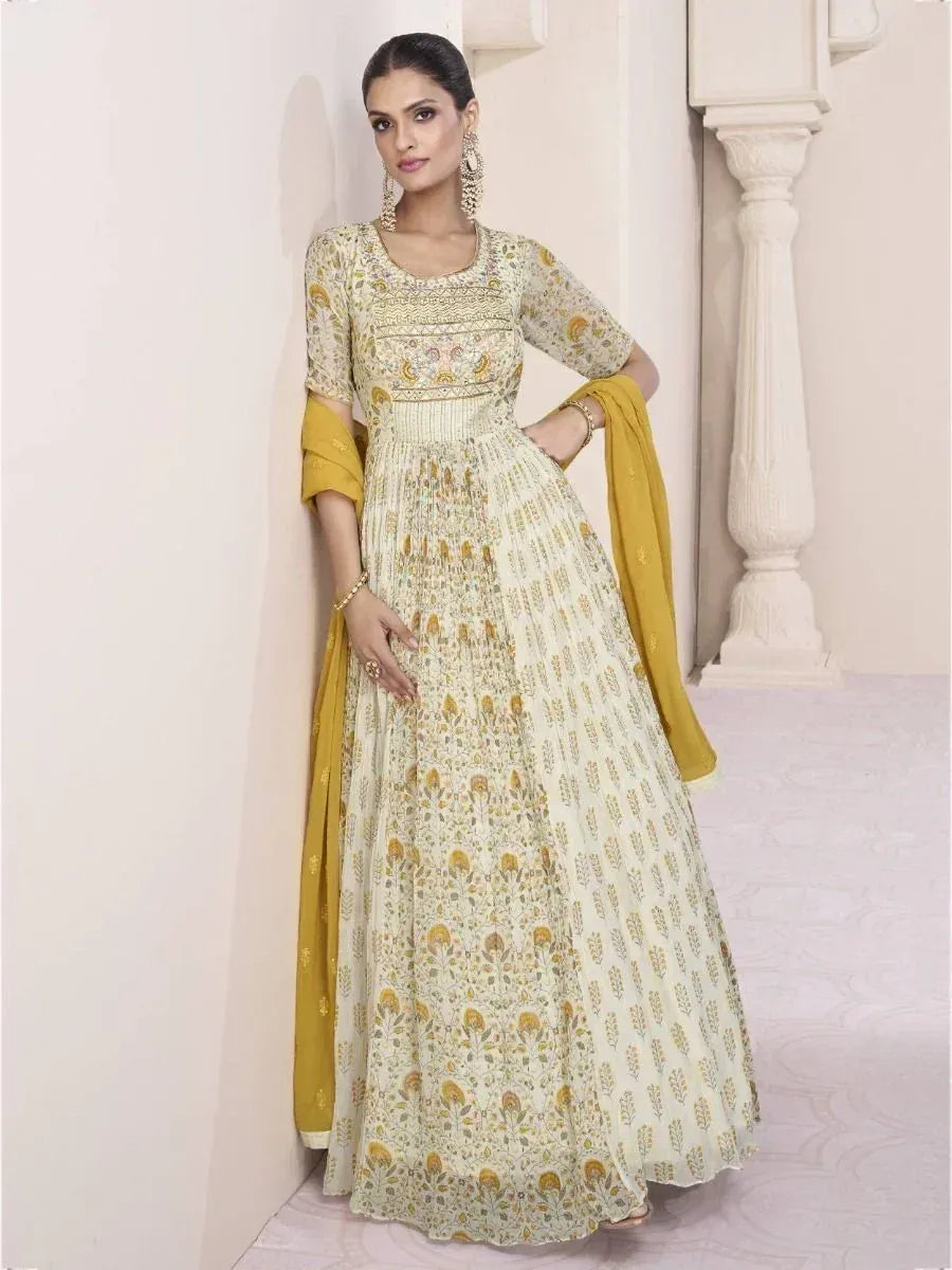 Elegant cream and mustard floral anarkali suit with dupatta, perfect for Indian ethnic occasions