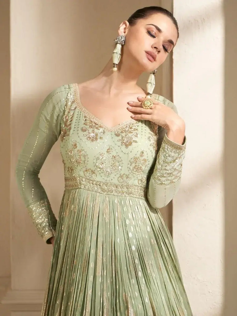 Stunning Pista Green Embroidered Silk Festival Gown with Dupatta