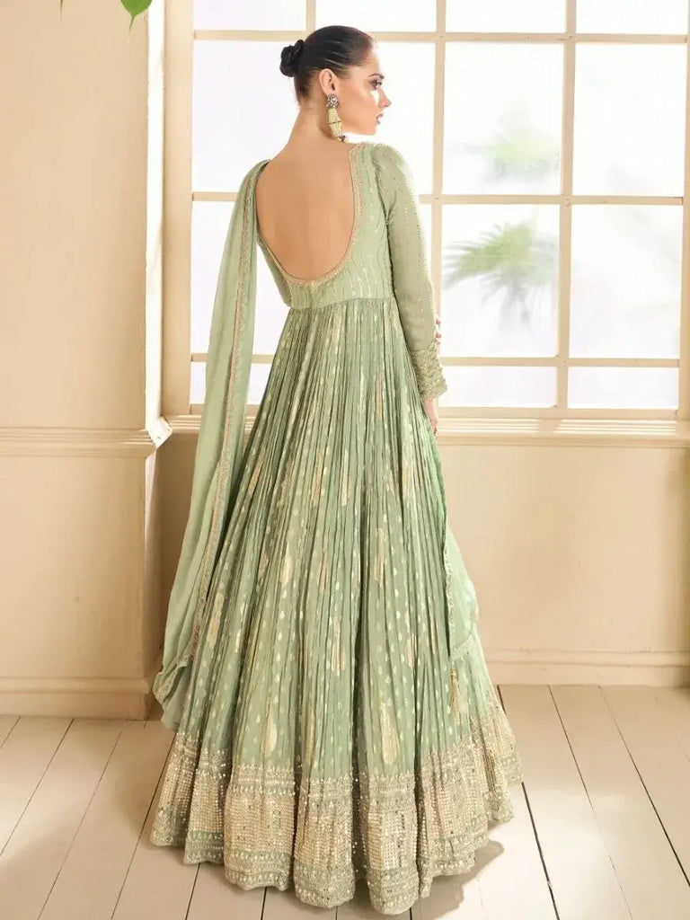Stunning Pista Green Embroidered Silk Festival Gown with Dupatta