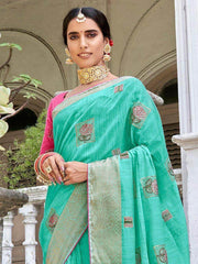 Ultimate Sea Green Embroidered Cotton Festival Wear Saree With Blouse
