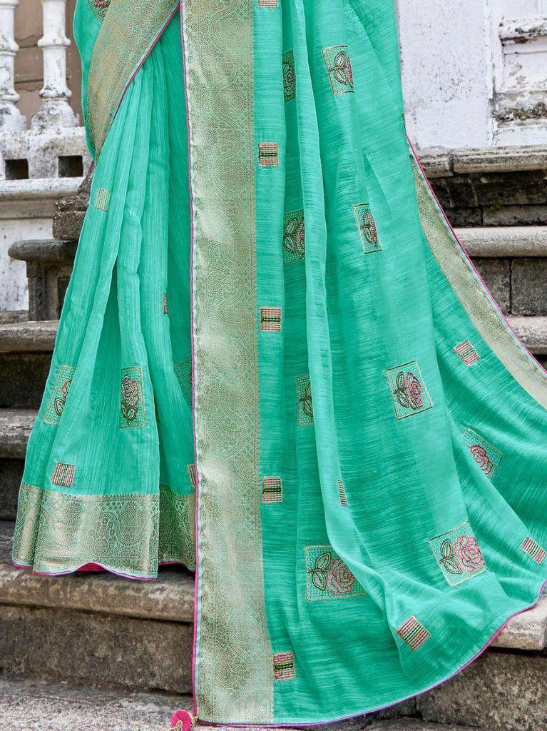 Ultimate Sea Green Embroidered Cotton Festival Wear Saree With Blouse