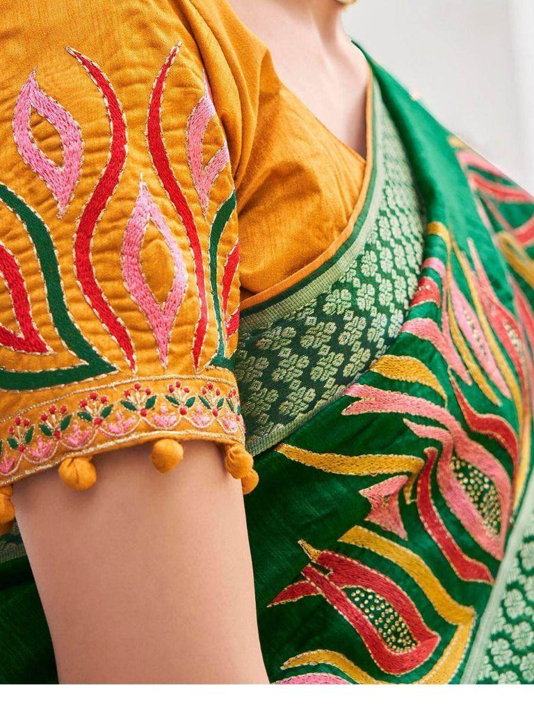 Styling Green Embroidered Cotton Festival Wear Saree With Blouse