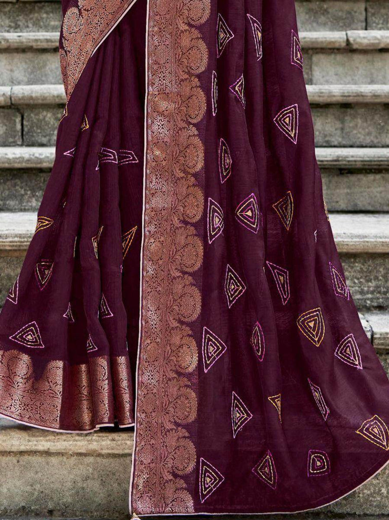 Stunning Purple Embroidered Cotton Festival Saree With Blouse