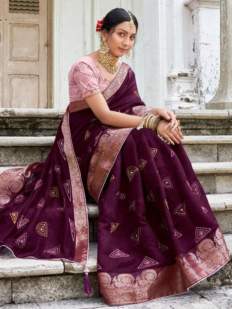 Stunning Purple Embroidered Cotton Festival Saree With Blouse