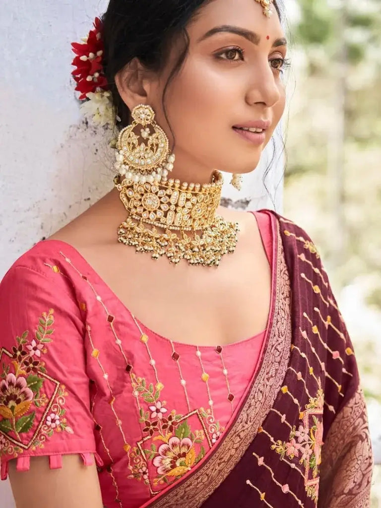 Sparkle Maroon Embroidered Cotton Festival Wear Saree With Blouse