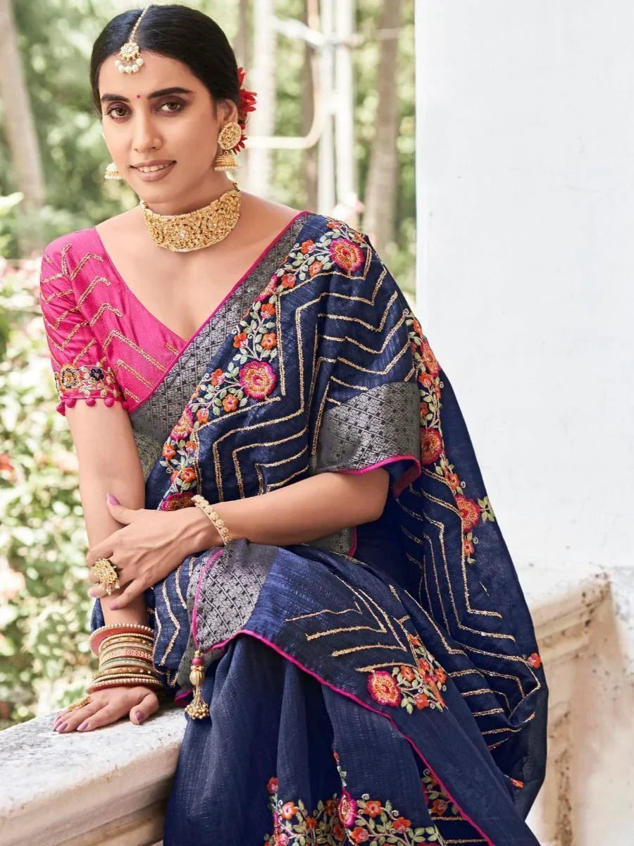 Captivate Navy Blue Embroidered Cotton Festival Wear Saree With Blouse