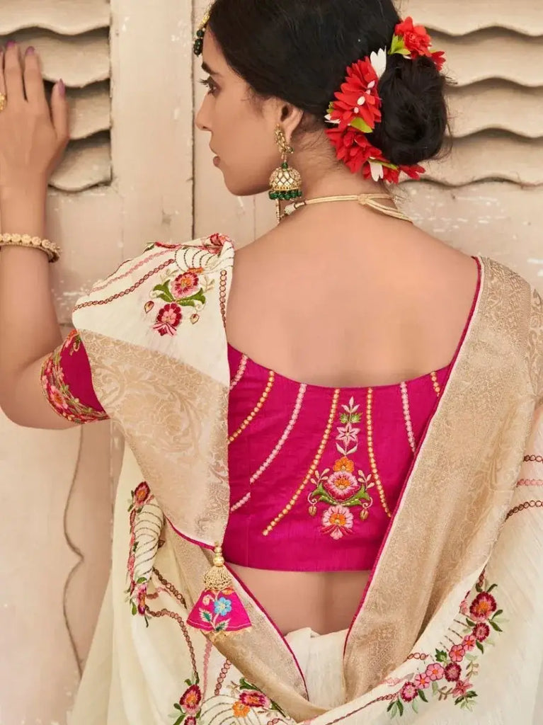 Delight Beige Embroidered Cotton Festival Wear Saree With Blouse