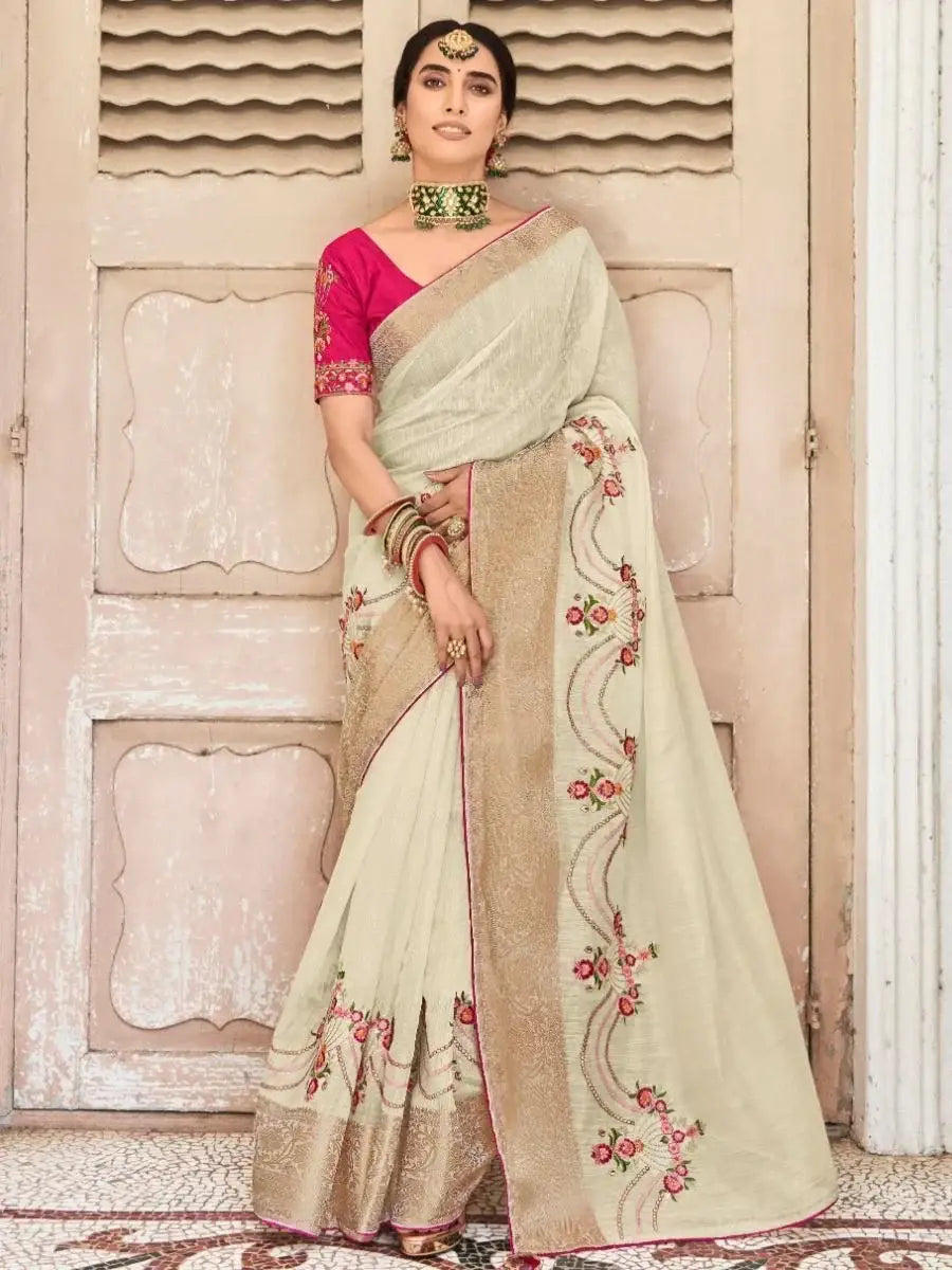 Delight Beige Embroidered Cotton Festival Wear Saree With Blouse