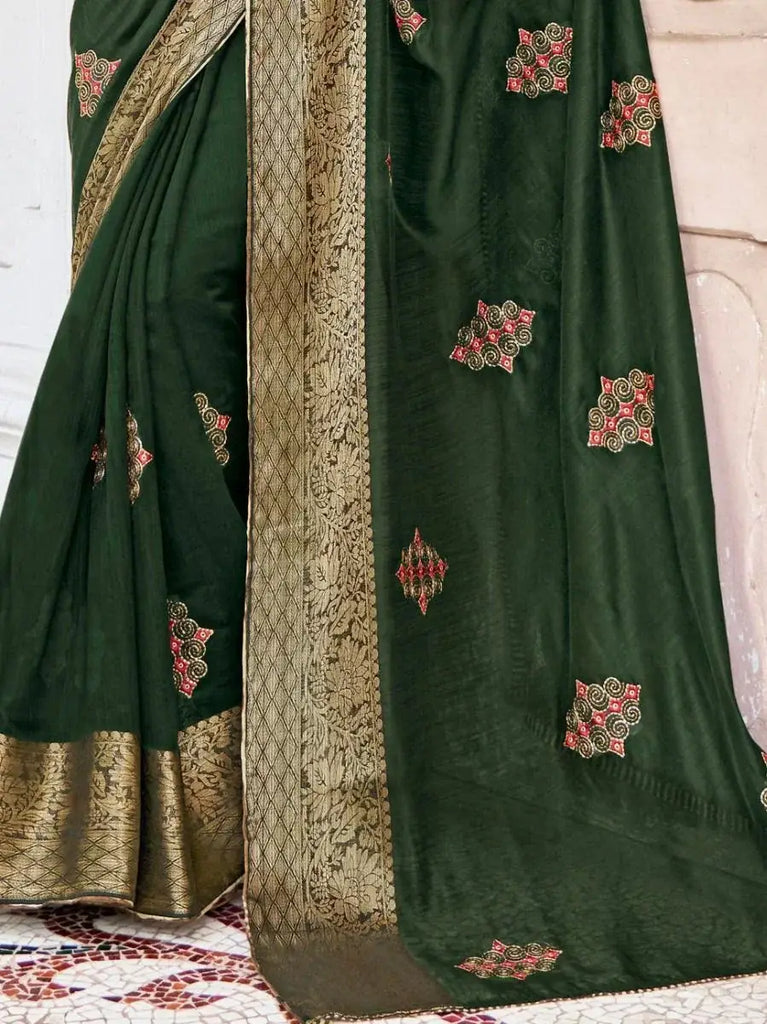 Gorgeous Green Embroidered Cotton Occasion Wear Saree With Blouse