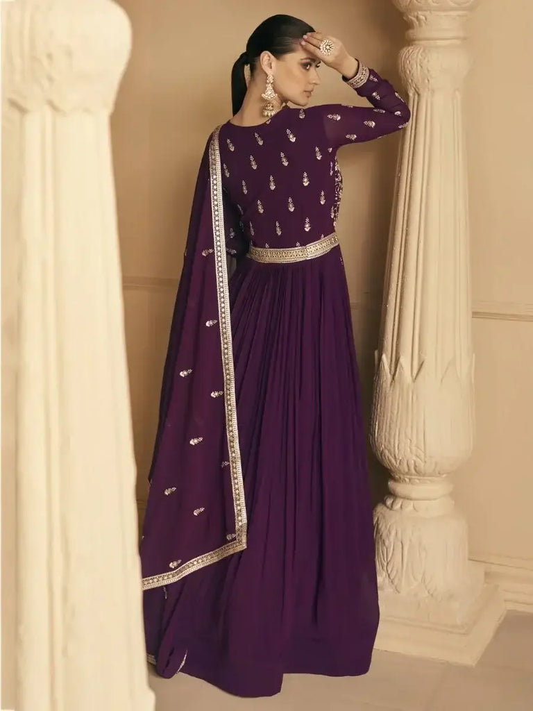 Capricious Wine Thread Embroidered Georgette Wedding Wear Gown