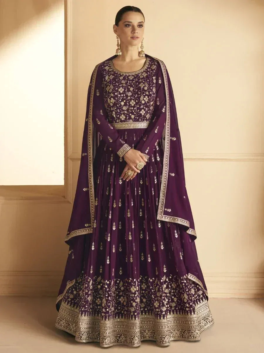 Purple embroidered lehenga choli with gold detailing, perfect for Indian ethnic wear occasions