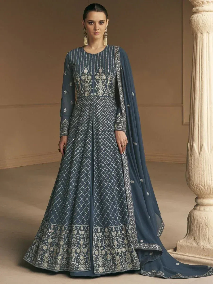 Elegant blue embroidered anarkali suit with dupatta, perfect for Indian ethnic occasions
