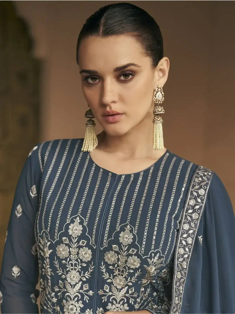 Stupendous Dusty Blue Heavy Embroidered Georgette Event Wear Gown