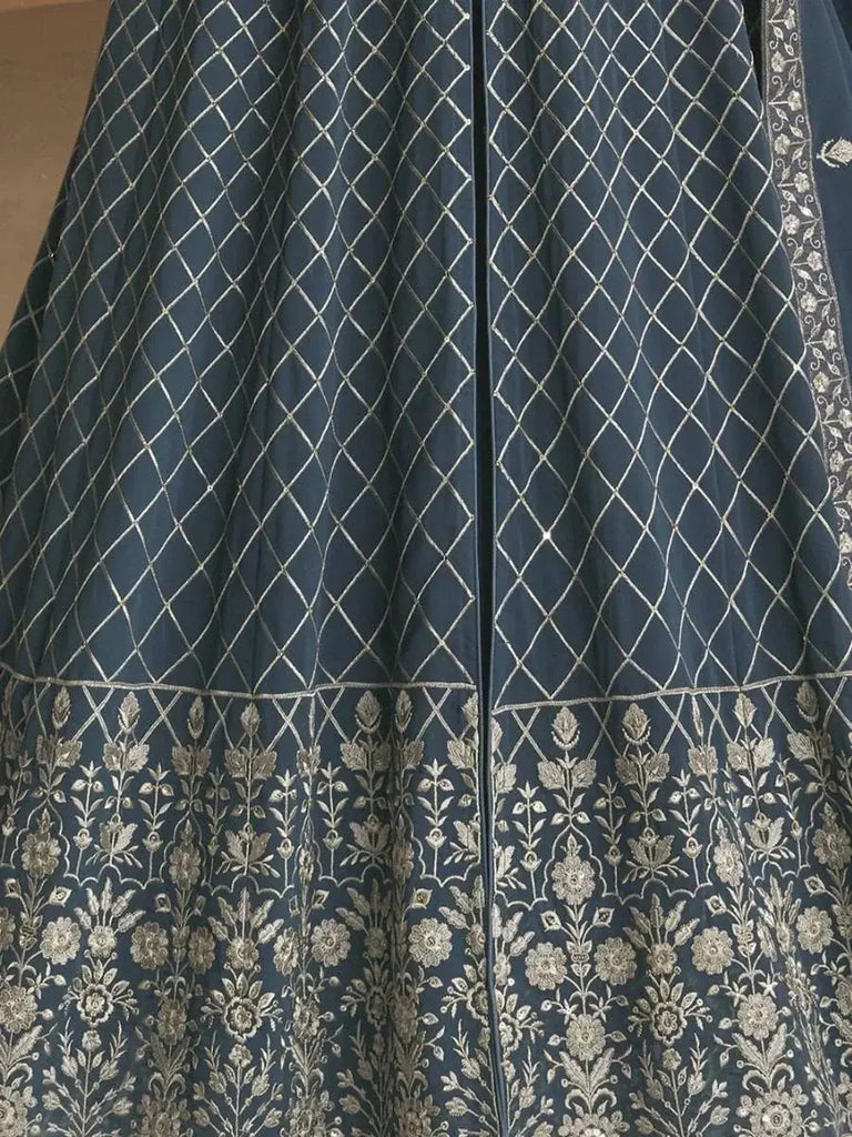 Stupendous Dusty Blue Heavy Embroidered Georgette Event Wear Gown