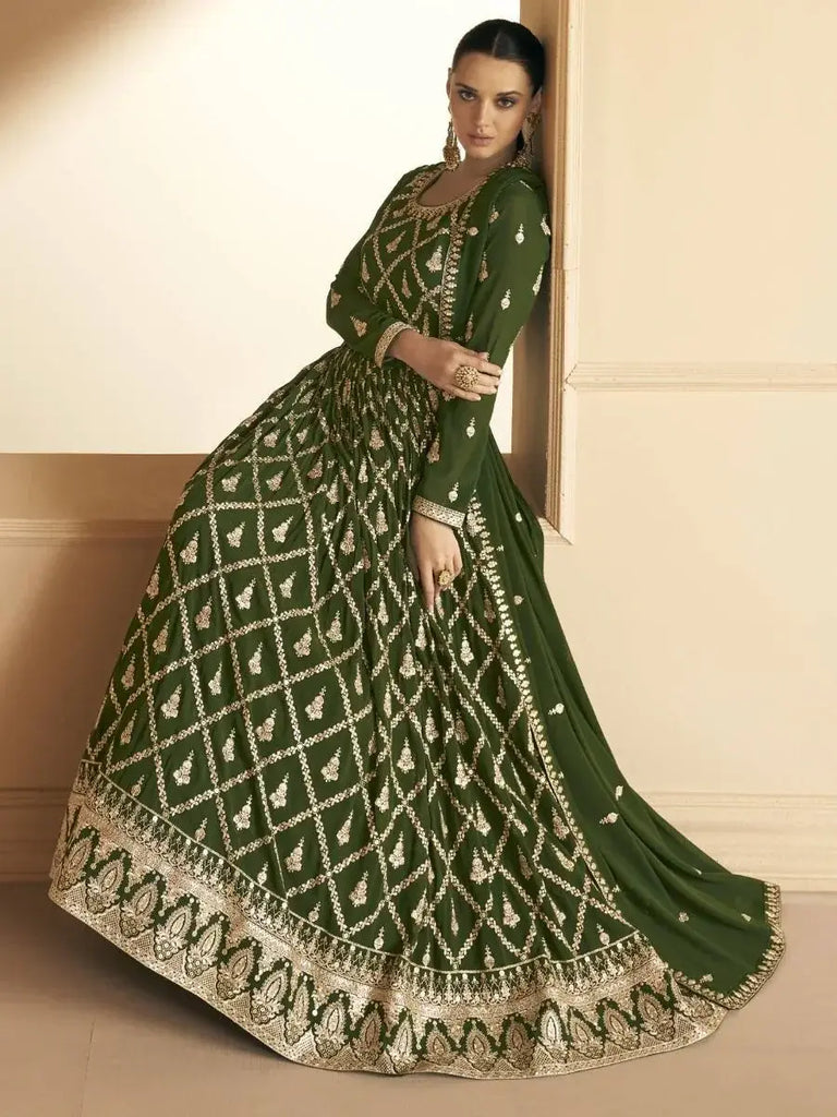 Phenomenal Green Heavy Embroidered Georgette Reception Wear Gown