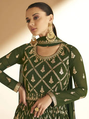 Phenomenal Green Heavy Embroidered Georgette Reception Wear Gown
