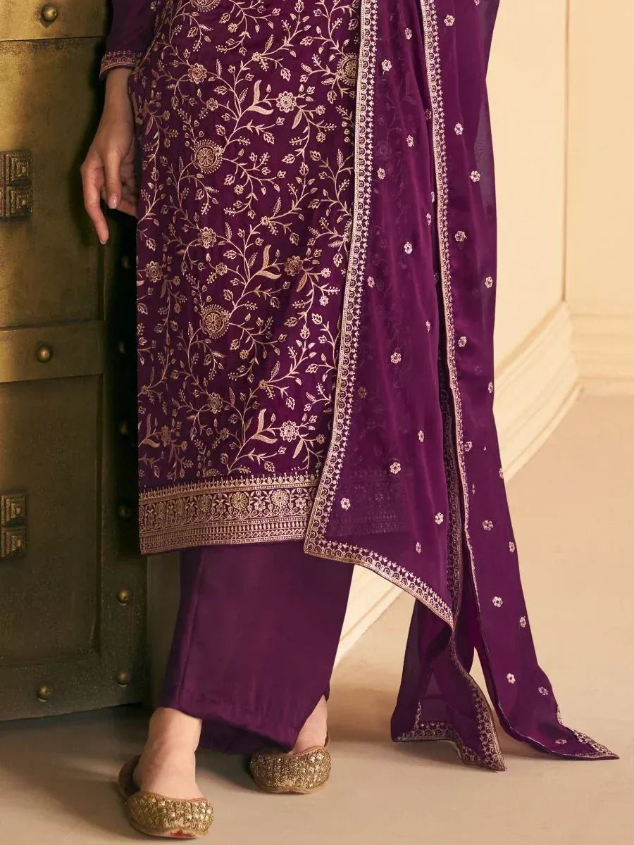 Purple embroidered salwar kameez with gold floral work and matching dupatta, ethnic Indian wear