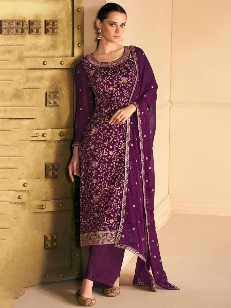 Purple embroidered salwar kameez with floral work, perfect for Indian ethnic wear occasions