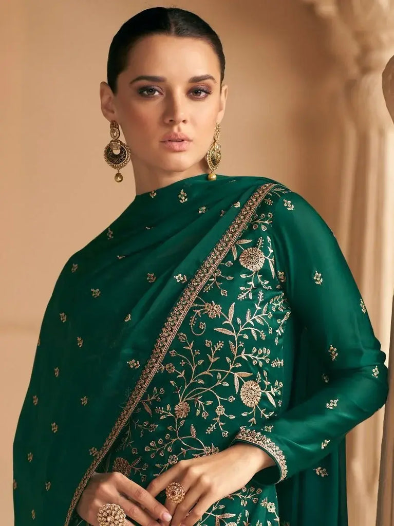 Charm of Green Zari Work Silk Satin Festival Salwar Suit & Dupatta