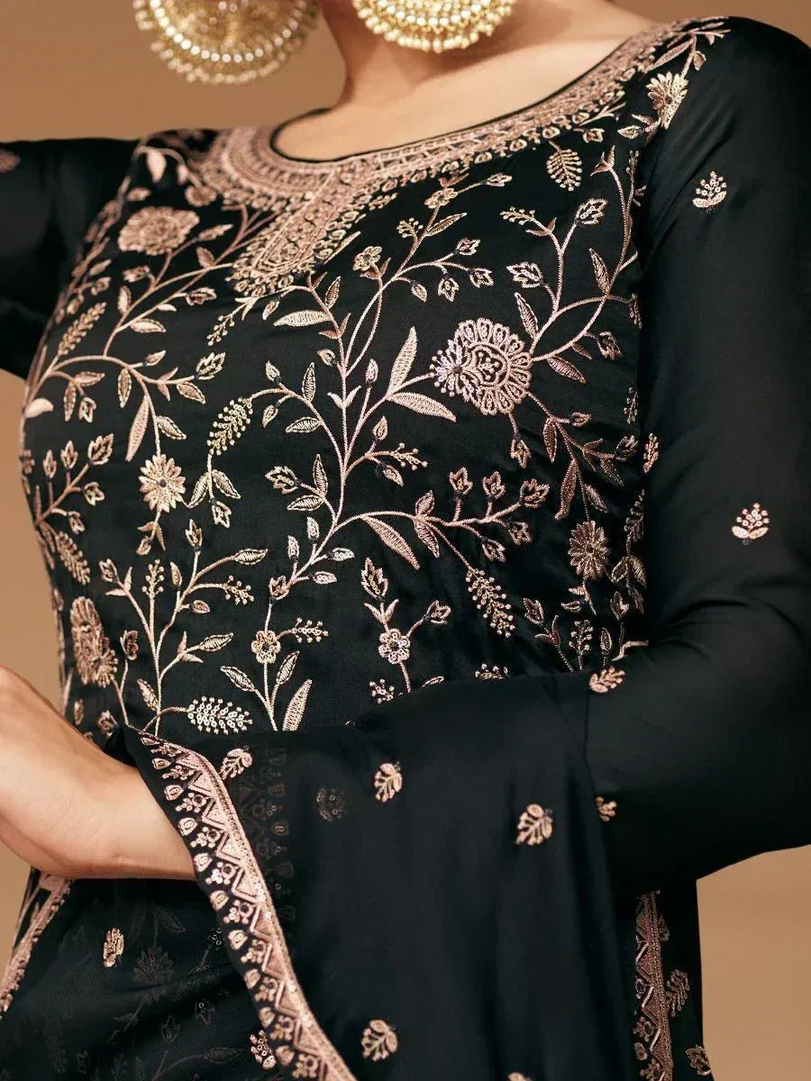 Black ethnic kurti with gold floral embroidery, perfect for Indian wear and festive occasions.