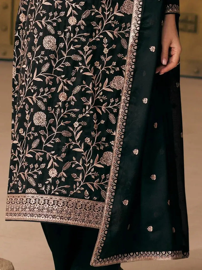 Radiant Black Silk Satin Zari Work Festival Salwar Suit with Dupatta