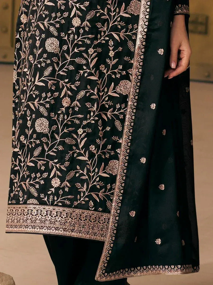 Black embroidered salwar kameez with gold floral motifs and border detailing