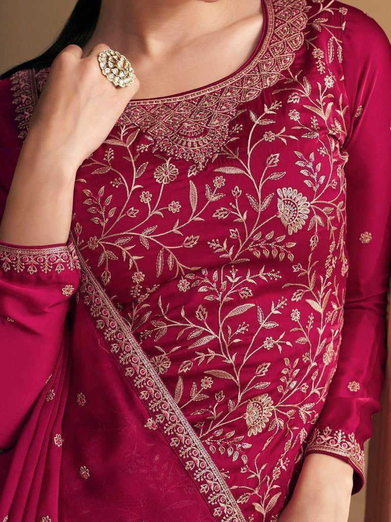 Perfect Pink Silk Satin Zari Work Festival Wear Salwar Suit & Dupatta