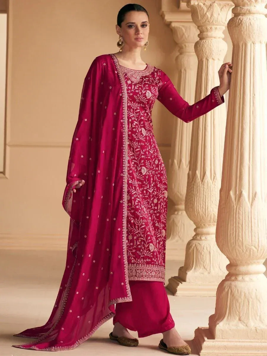 Elegant maroon salwar kameez with floral embroidery, perfect for Indian ethnic wear occasions