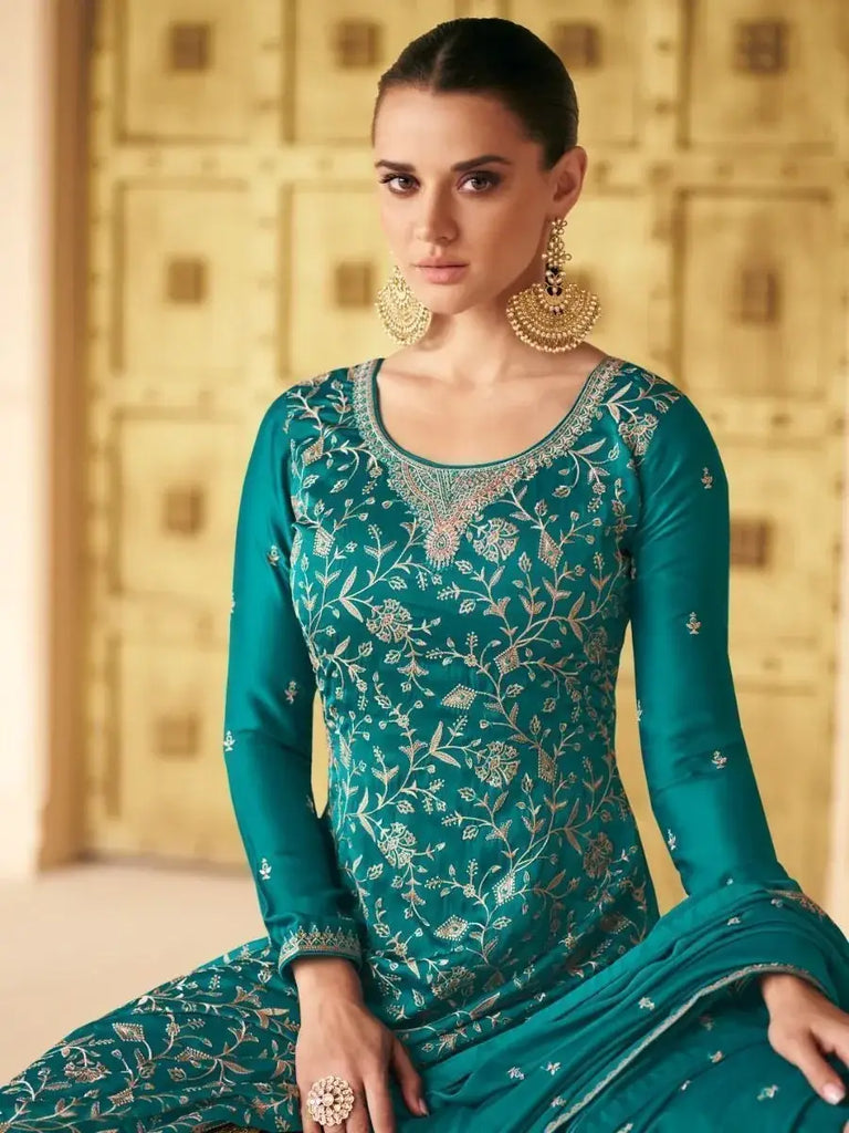 Vibrance Teal Green Zari Work Silk Satin Festive Salwar Suit & Dupatta