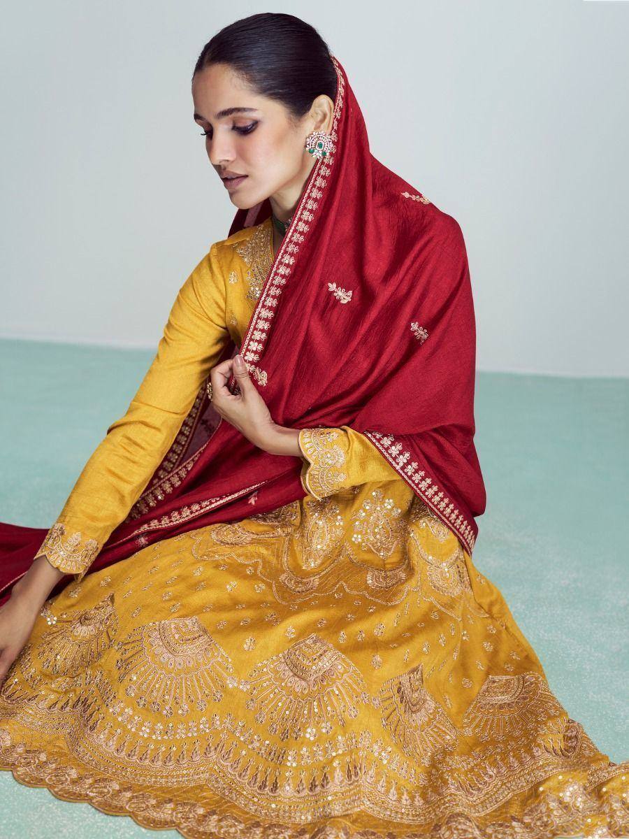 Yellow embroidered lehenga choli with red dupatta, Indian ethnic wear for women