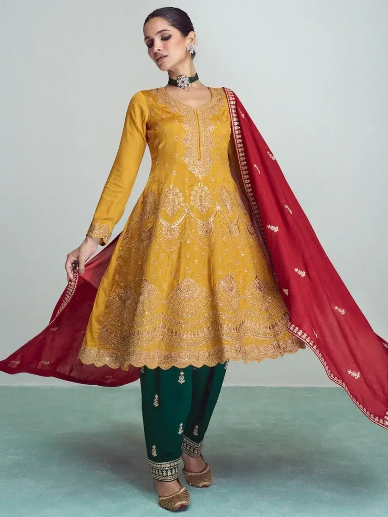 Marvelous Yellow Sequins Work Silk Salwar Suit With Dupatta