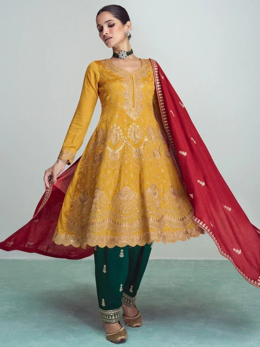 Mustard yellow embroidered anarkali with green palazzo and red dupatta, ethnic Indian wear