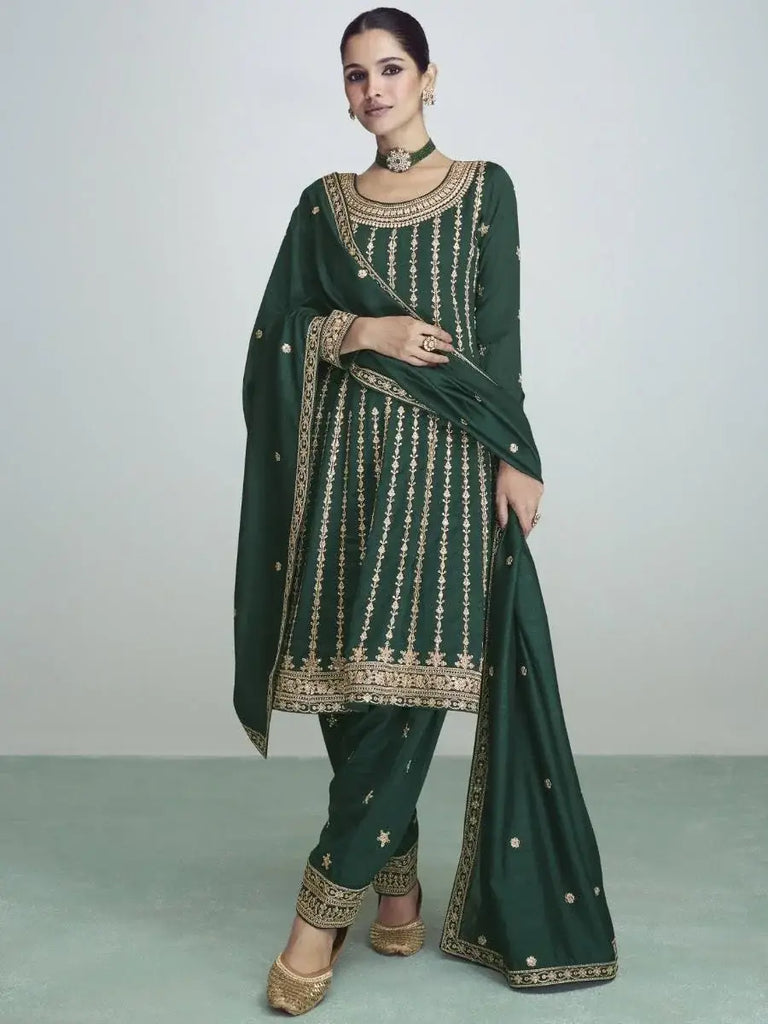 Fascinating Green Sequins Work Silk Traditional Salwar Suit