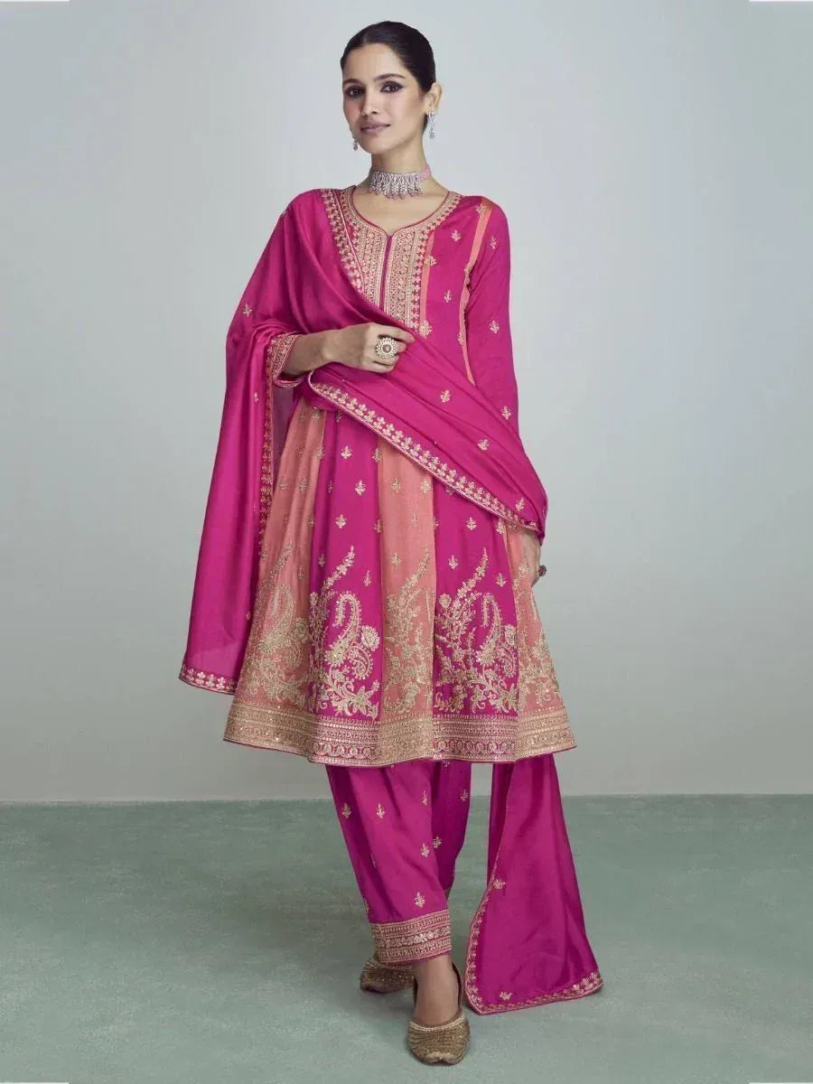 Pink embroidered salwar kameez with gold detailing, perfect for Indian ethnic wear occasions