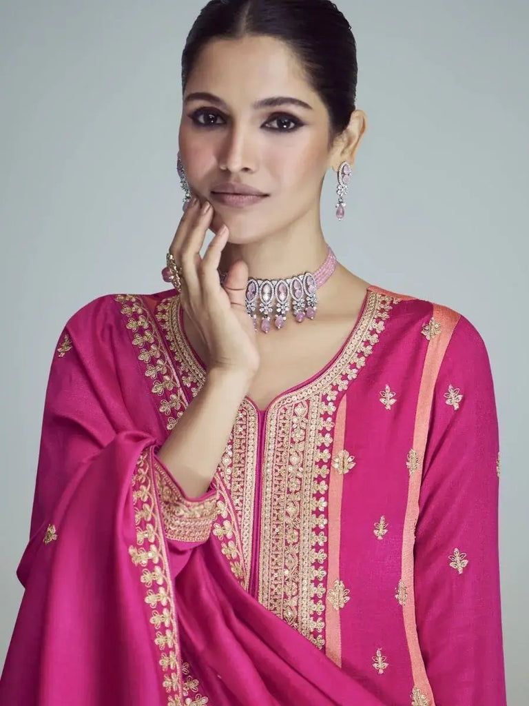 Spectacular Pink Zari Work Silk Festival Wear Salwar Suit With Dupatta