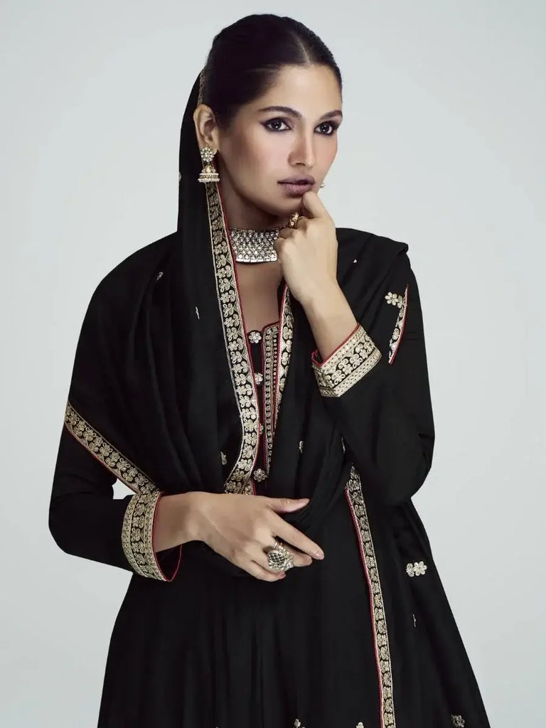 Irresistible Black Zari Embroidered Silk Salwar Suit With Dupatta