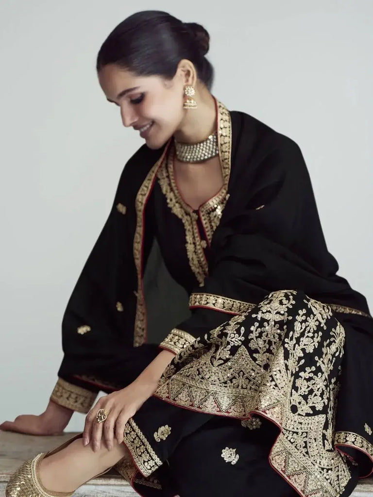 Irresistible Black Zari Embroidered Silk Salwar Suit With Dupatta