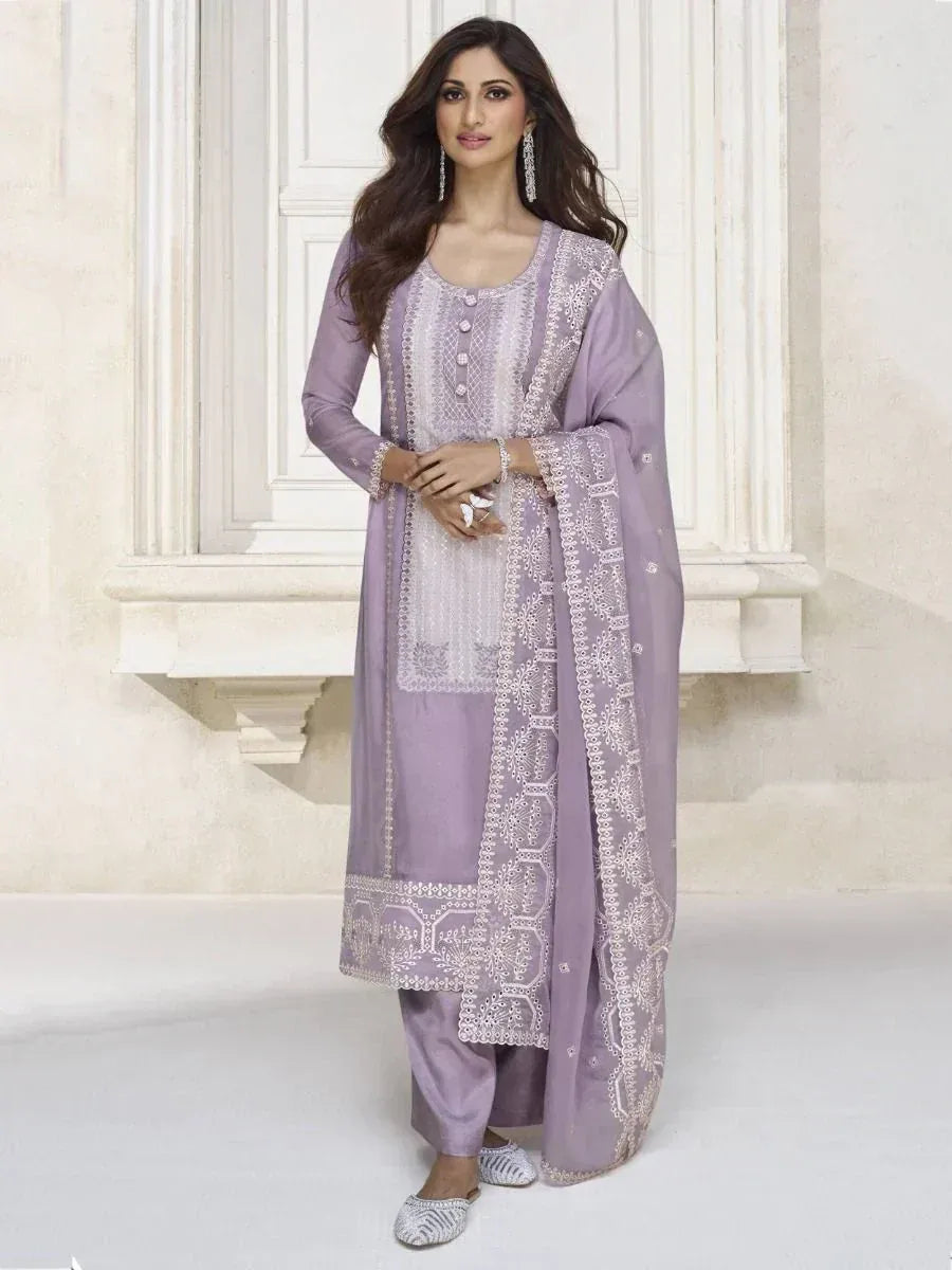 Lavender embroidered salwar kameez with matching dupatta, elegant Indian ethnic wear for women