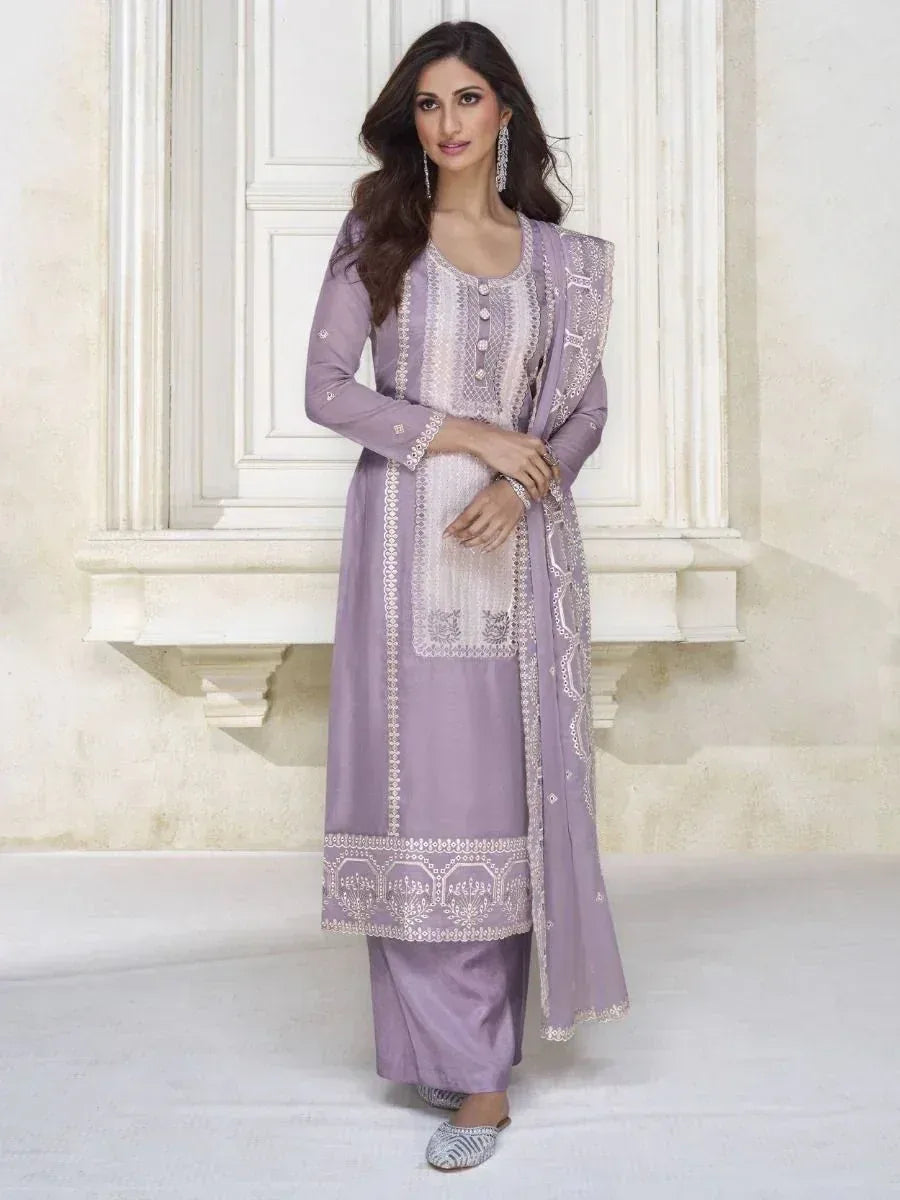 Lavender embroidered salwar kameez with matching dupatta, Indian ethnic wear for women