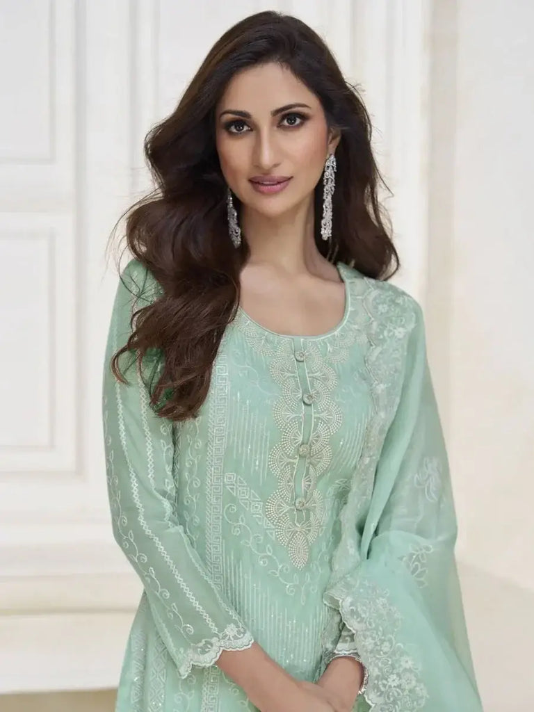 Spectacular Sea Green Organza Silk Embroidered Pakistani Salwar Kameez