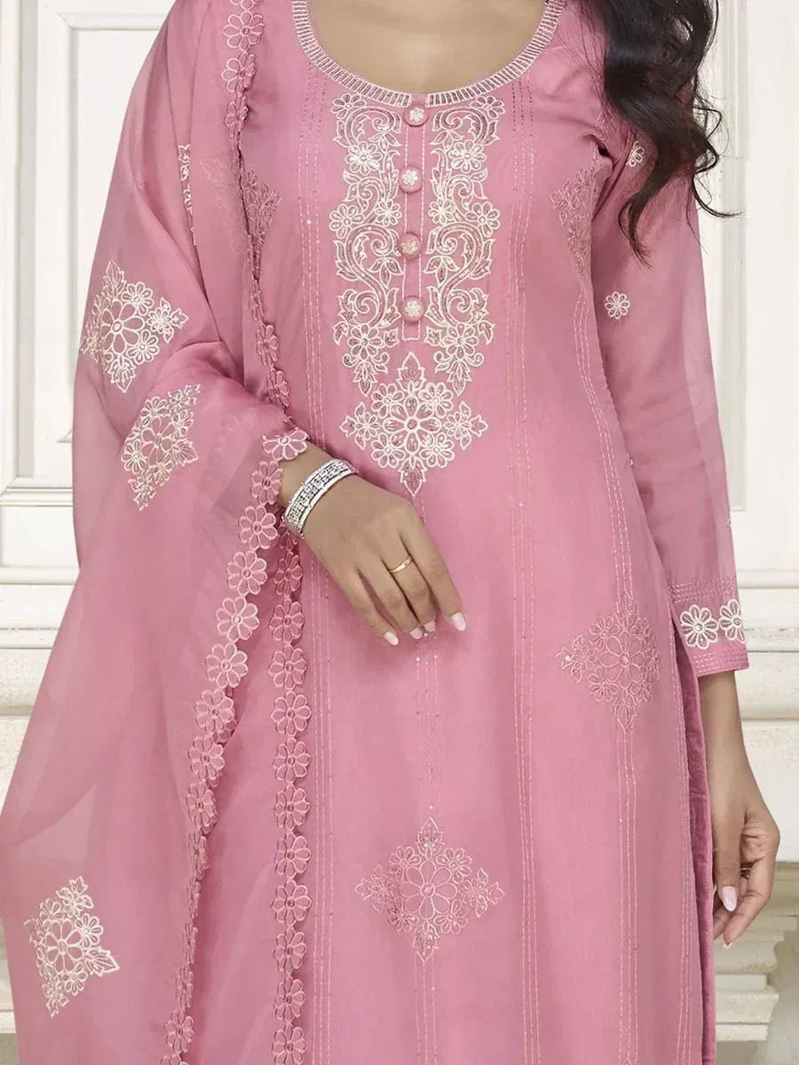 Pink embroidered kurta with floral detailing, perfect for ethnic wear occasions
