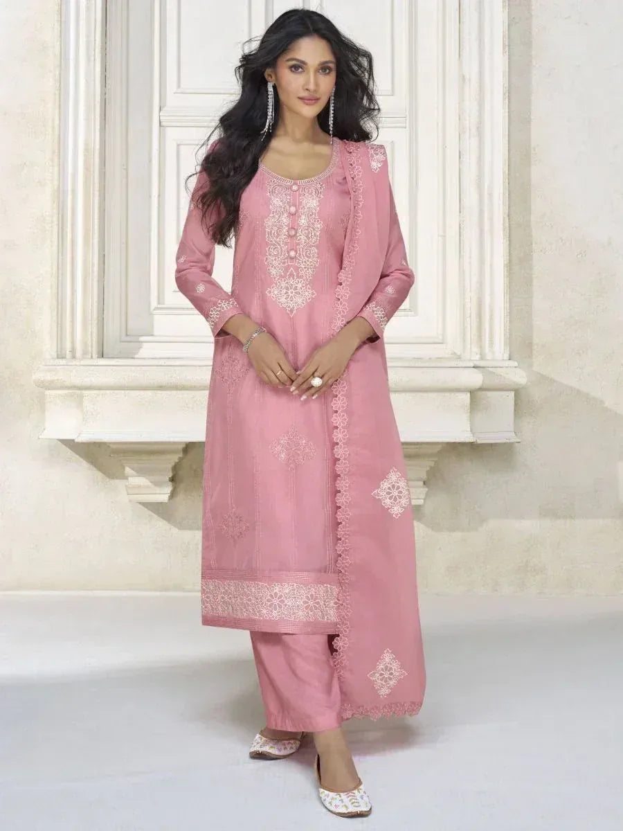 Pink embroidered salwar kameez with matching dupatta, ethnic wear for women