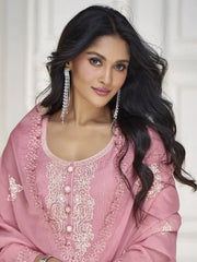 Pretty Pastel Pink Embroidered Organza Silk Pakistani Salwar Kameez