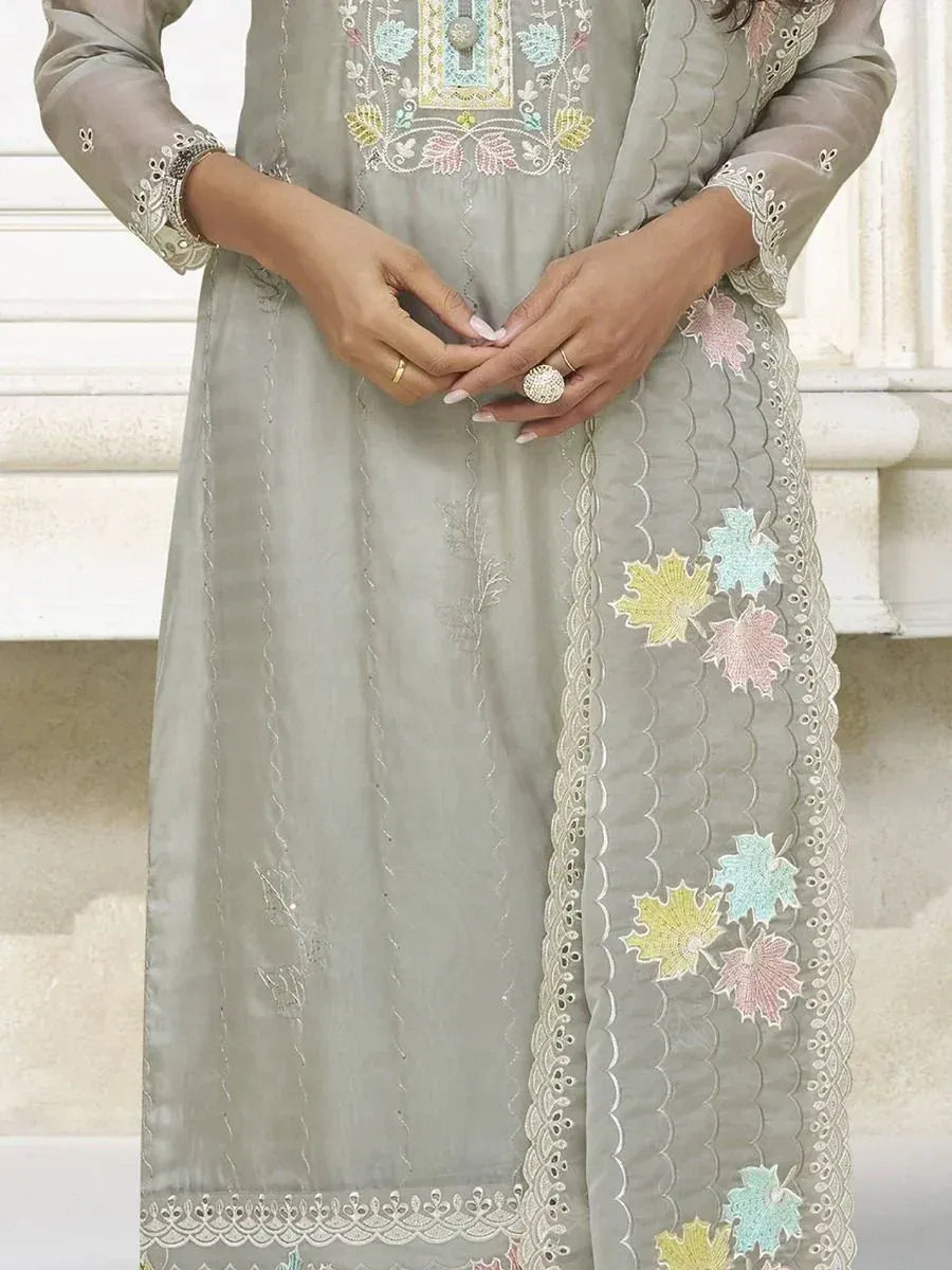 Grey embroidered ethnic kurti with floral lace detailing, perfect for Indian wear occasions