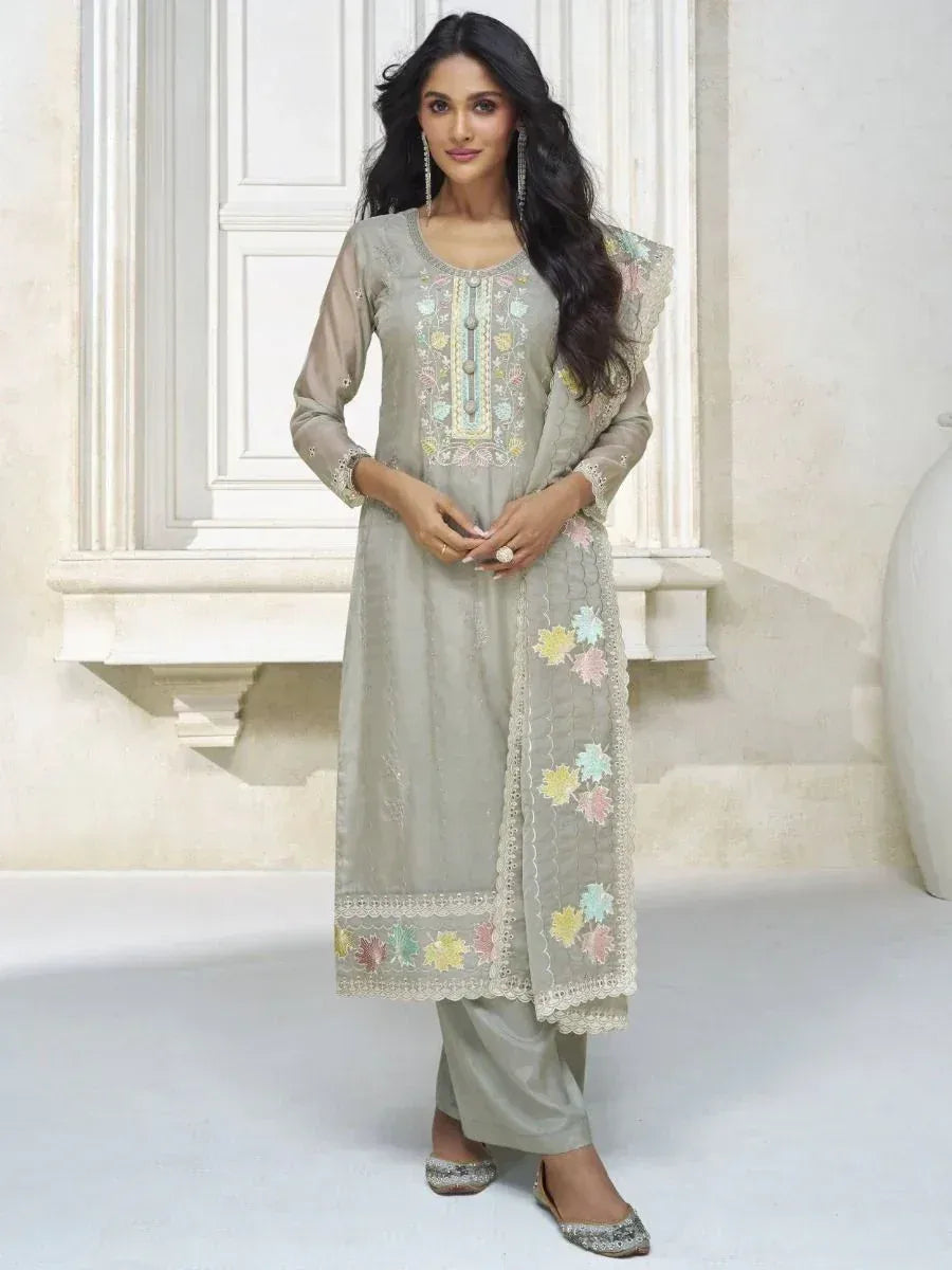 Elegant grey embroidered salwar kameez with floral dupatta, perfect for Indian ethnic wear occasions