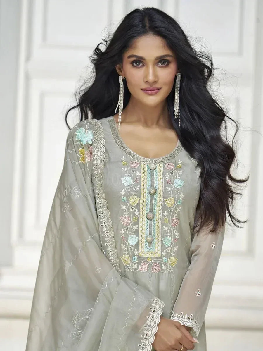Elegant grey embroidered kurta with floral detailing, perfect for Indian ethnic wear occasions.