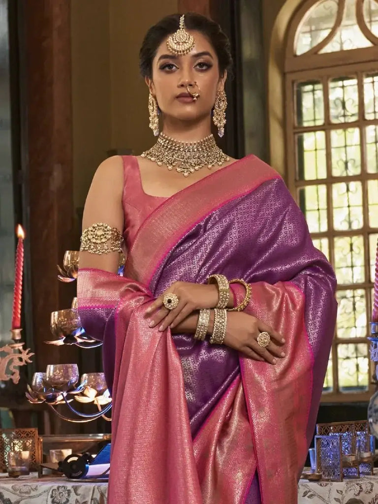 Attractive Purple Zari Weaving Kanjivaram Silk Event Wear Saree