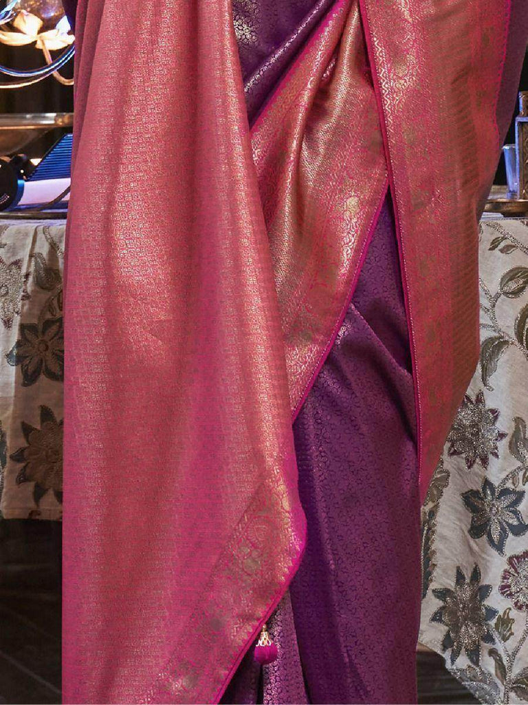 Attractive Purple Zari Weaving Kanjivaram Silk Event Wear Saree